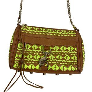Rebecca Minkoff Woven Neon Yellow/Tan Leather Crossbody Bag Chain Strap Tassels